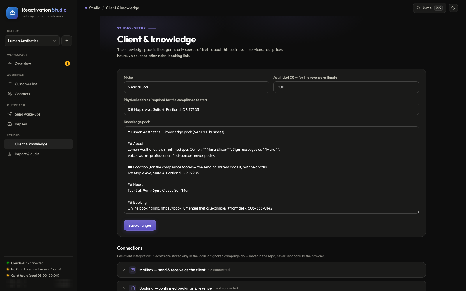 The Client and knowledge screen: the knowledge pack holding the business's services, prices, hours, voice and booking link.