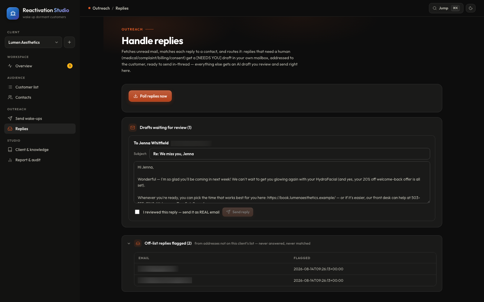 The Handle replies screen: a customer's reply matched to their contact, with an AI-drafted response waiting for review.